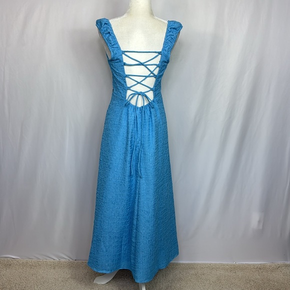 ASTR The Label Crinkle Maxi Tie Dress Size Medium Cottage Milk Maid Spring Blue - Picture 9 of 14